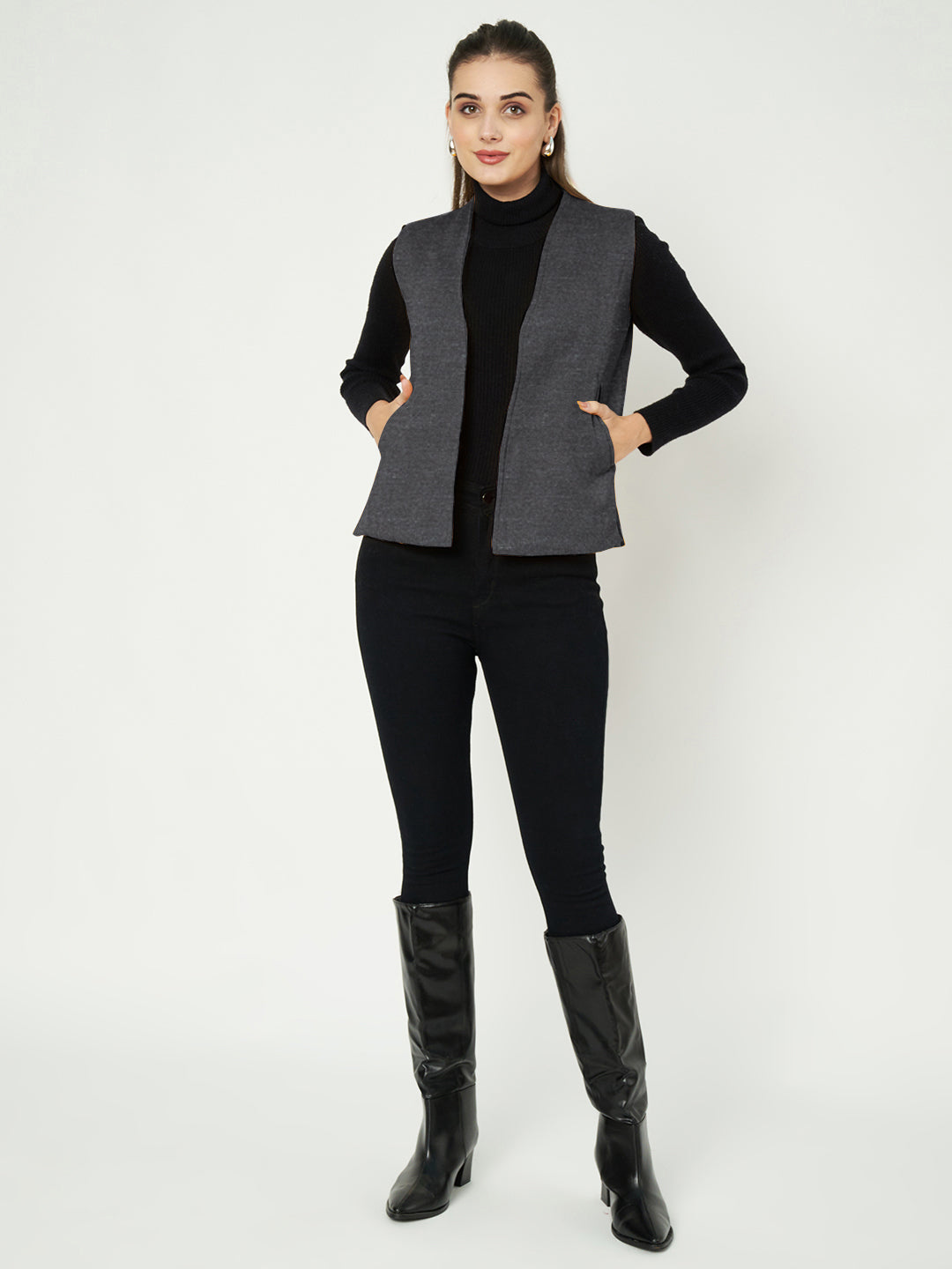 Solid Open-Front V-Neck Casual Waistcoat