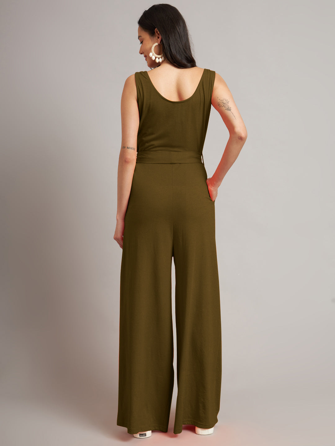 BRINNS Women Cotton Solid Round Neck Sleeveless Jumpsuit With Waist Tie-Ups