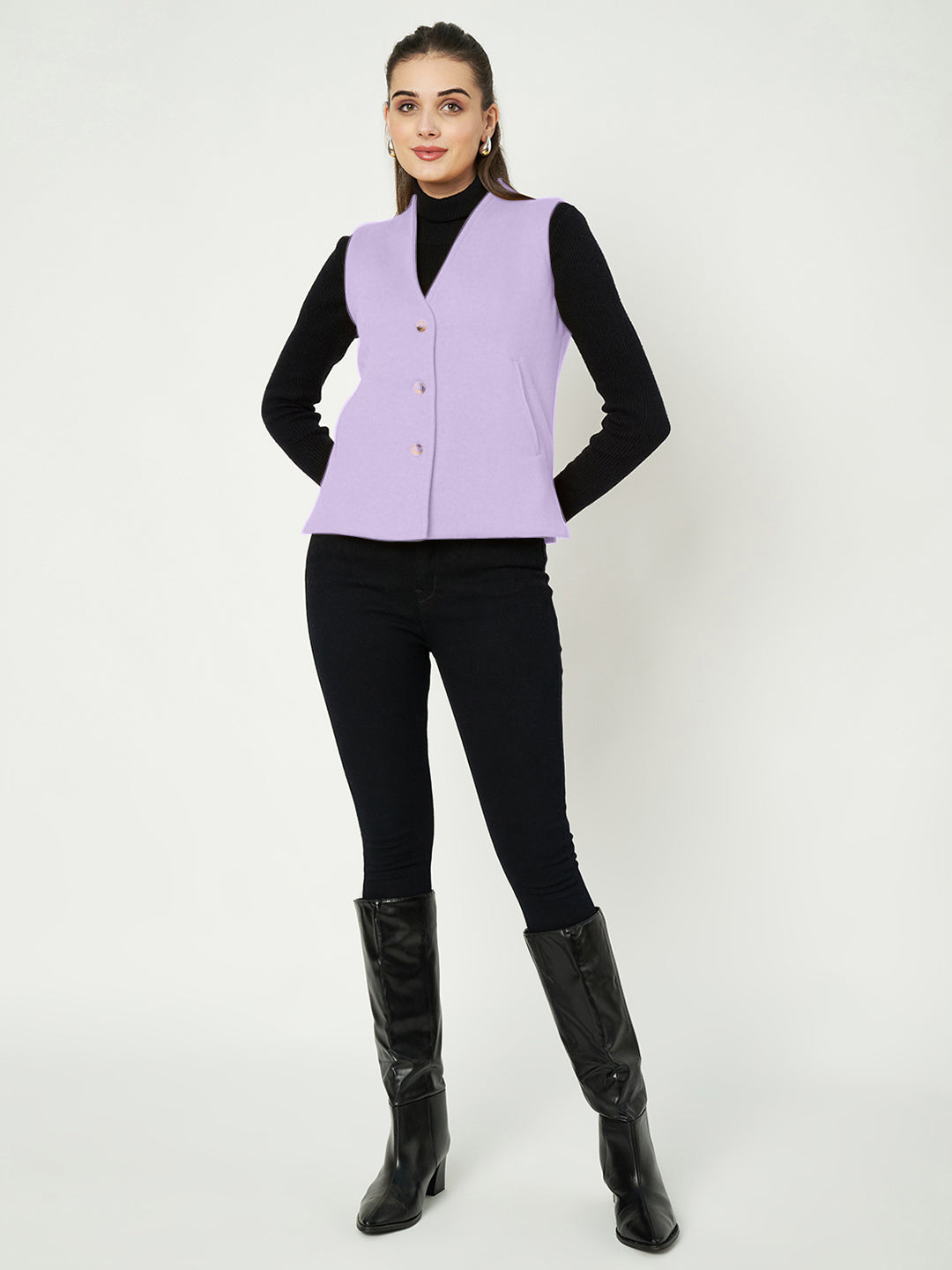 V-Neck Casual Polycotton Fleece Waistcoat with Pockets