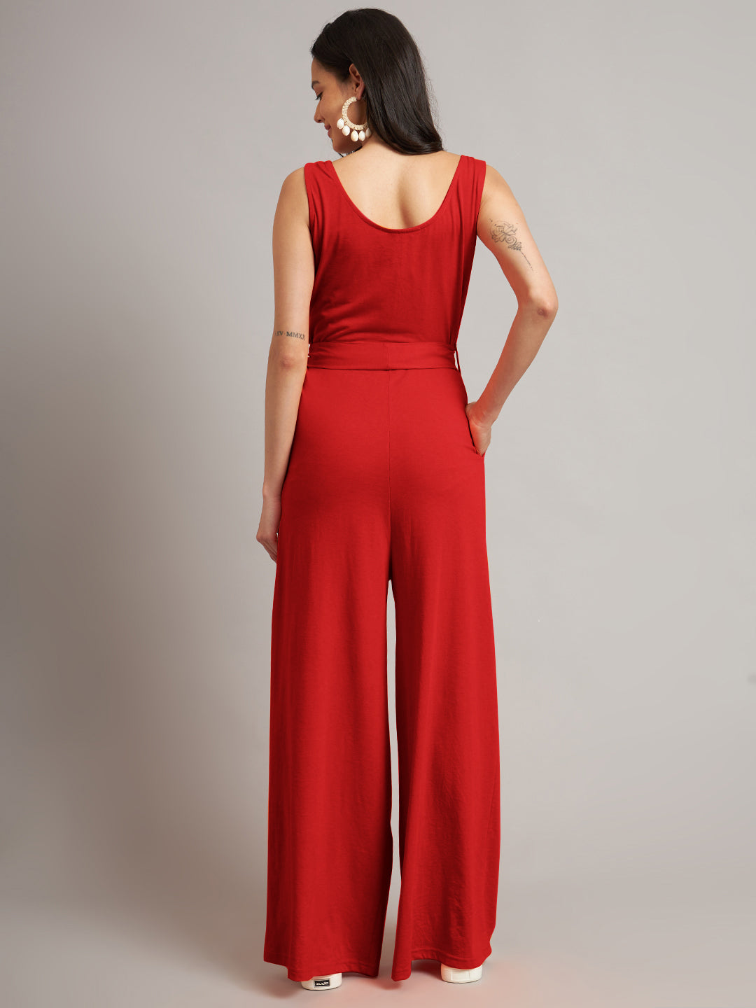 BRINNS Women Cotton Solid Round Neck Sleeveless Jumpsuit With Waist Tie-Ups