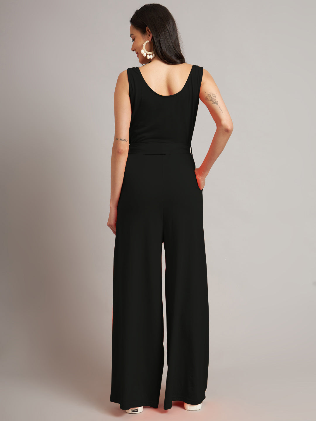 BRINNS Women Cotton Solid Round Neck Sleeveless Jumpsuit With Waist Tie-Ups