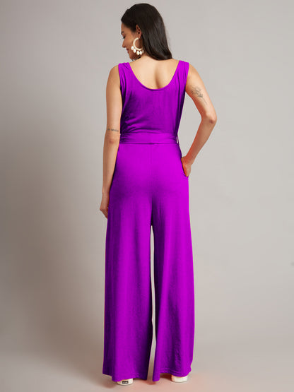 BRINNS Women Cotton Solid Round Neck Sleeveless Jumpsuit With Waist Tie-Ups