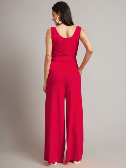 BRINNS Women Cotton Solid Round Neck Sleeveless Jumpsuit With Waist Tie-Ups