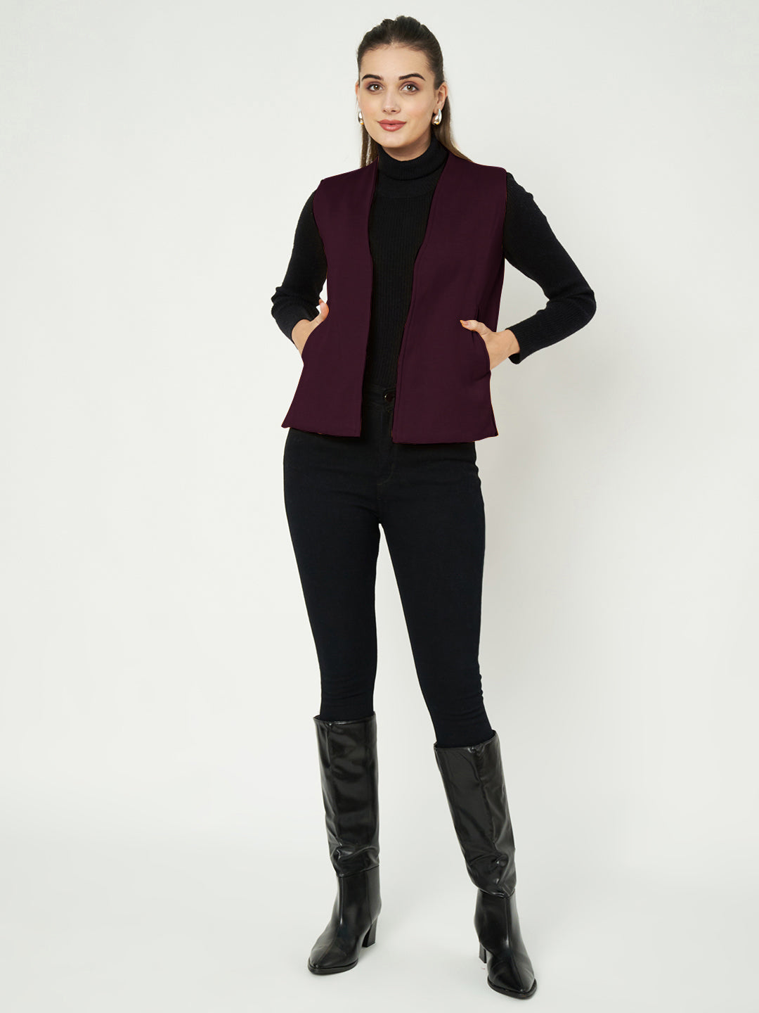 Solid Open-Front V-Neck Casual Waistcoat