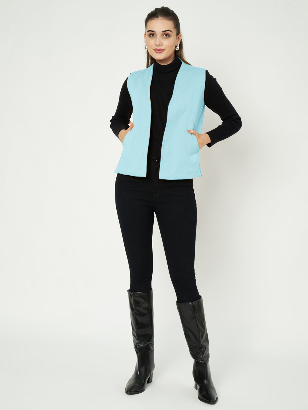 Solid Open-Front V-Neck Casual Waistcoat