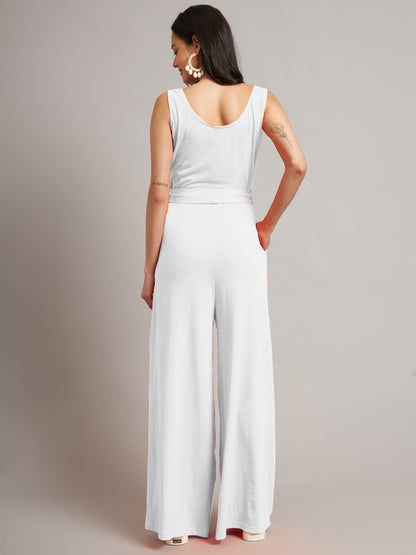 BRINNS Women Cotton Solid Round Neck Sleeveless Jumpsuit With Waist Tie-Ups