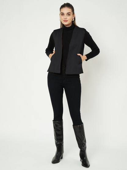 Solid Open-Front V-Neck Casual Waistcoat