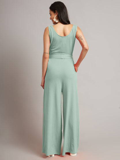 BRINNS Women Cotton Solid Round Neck Sleeveless Jumpsuit With Waist Tie-Ups
