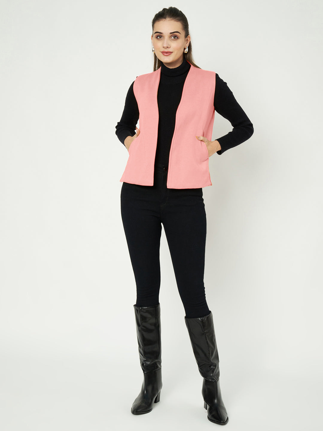 Solid Open-Front V-Neck Casual Waistcoat