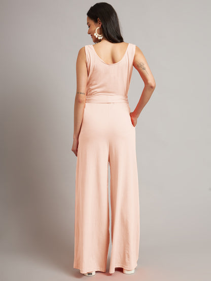 BRINNS Women Cotton Solid Round Neck Sleeveless Jumpsuit With Waist Tie-Ups