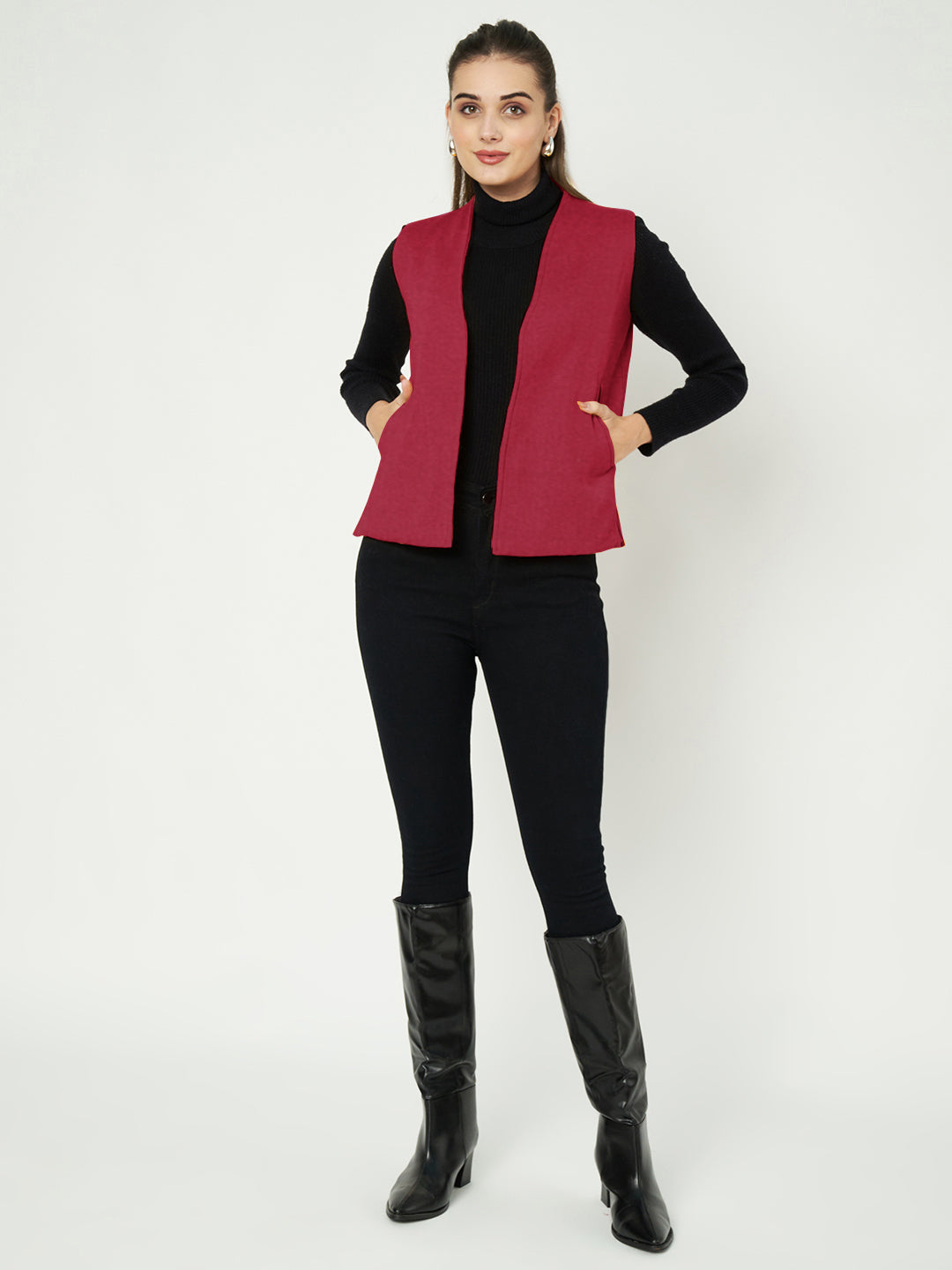 Solid Open-Front V-Neck Casual Waistcoat