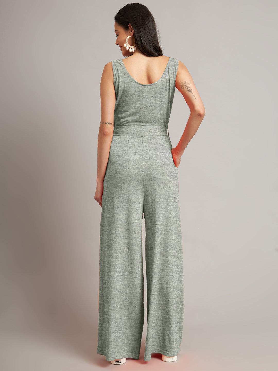 BRINNS Women Cotton Solid Round Neck Sleeveless Jumpsuit With Waist Tie-Ups