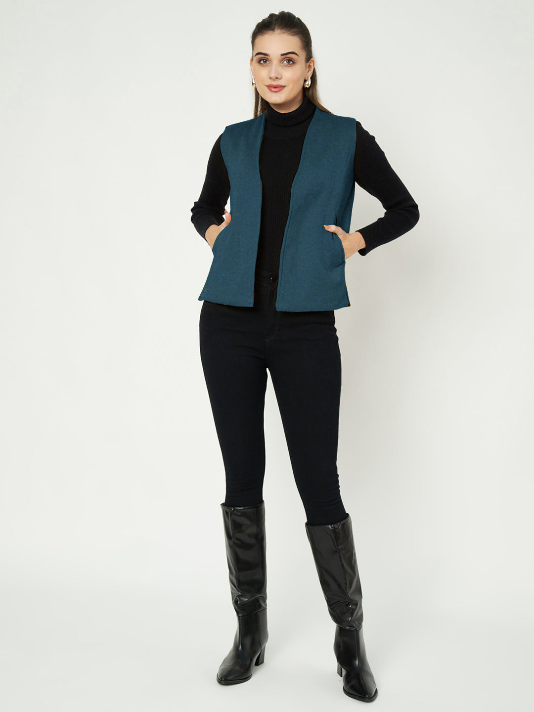Solid Open-Front V-Neck Casual Waistcoat