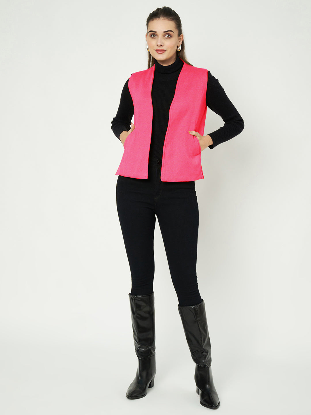 Solid Open-Front V-Neck Casual Waistcoat