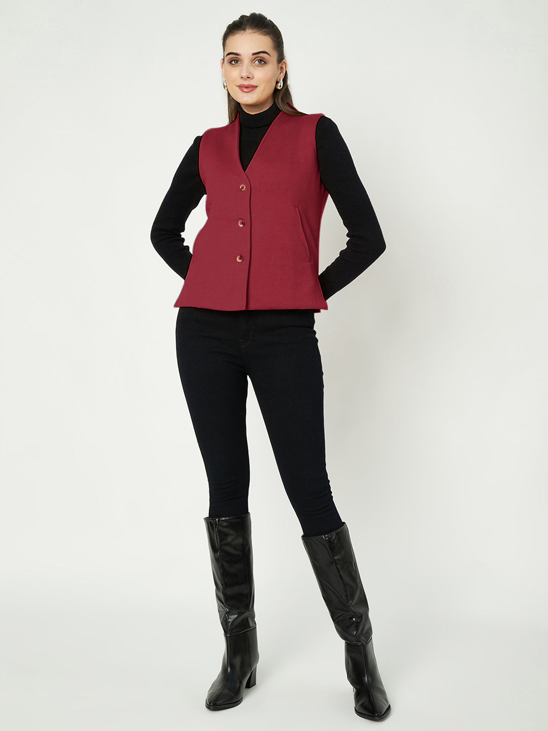 V-Neck Casual Polycotton Fleece Waistcoat with Pockets