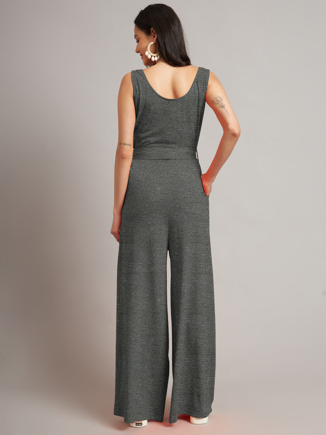 BRINNS Women Cotton Solid Round Neck Sleeveless Jumpsuit With Waist Tie-Ups