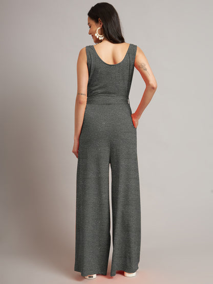 BRINNS Women Cotton Solid Round Neck Sleeveless Jumpsuit With Waist Tie-Ups