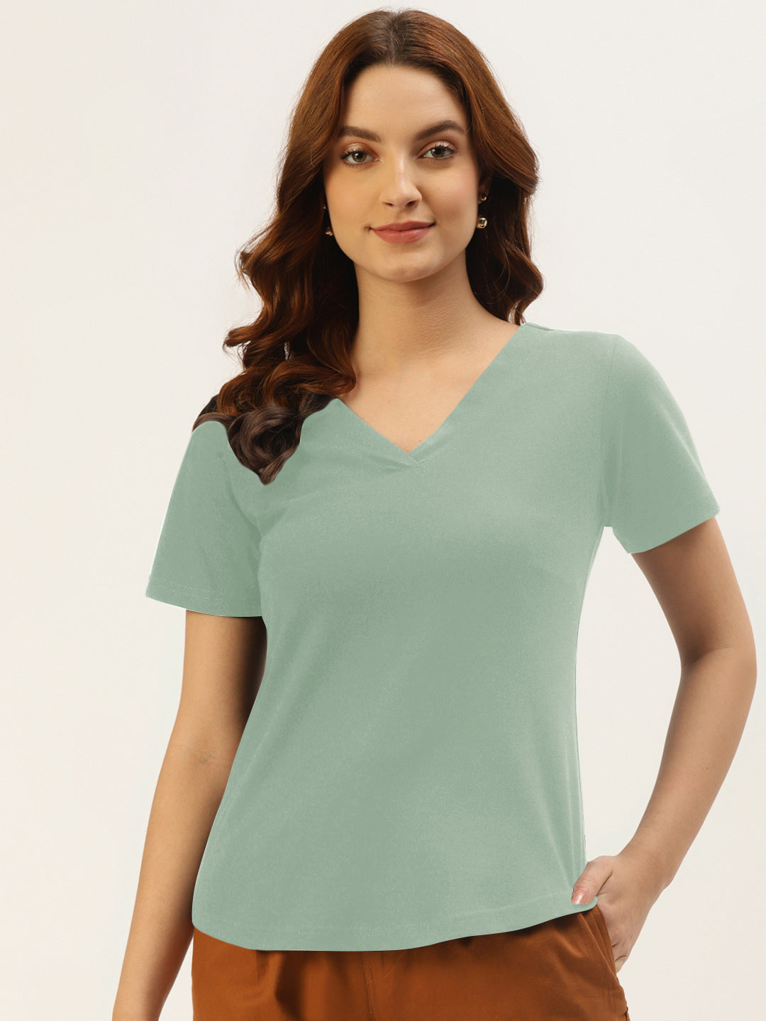 BRINNS Women Solid V-Neck Pure Cotton T-shirt