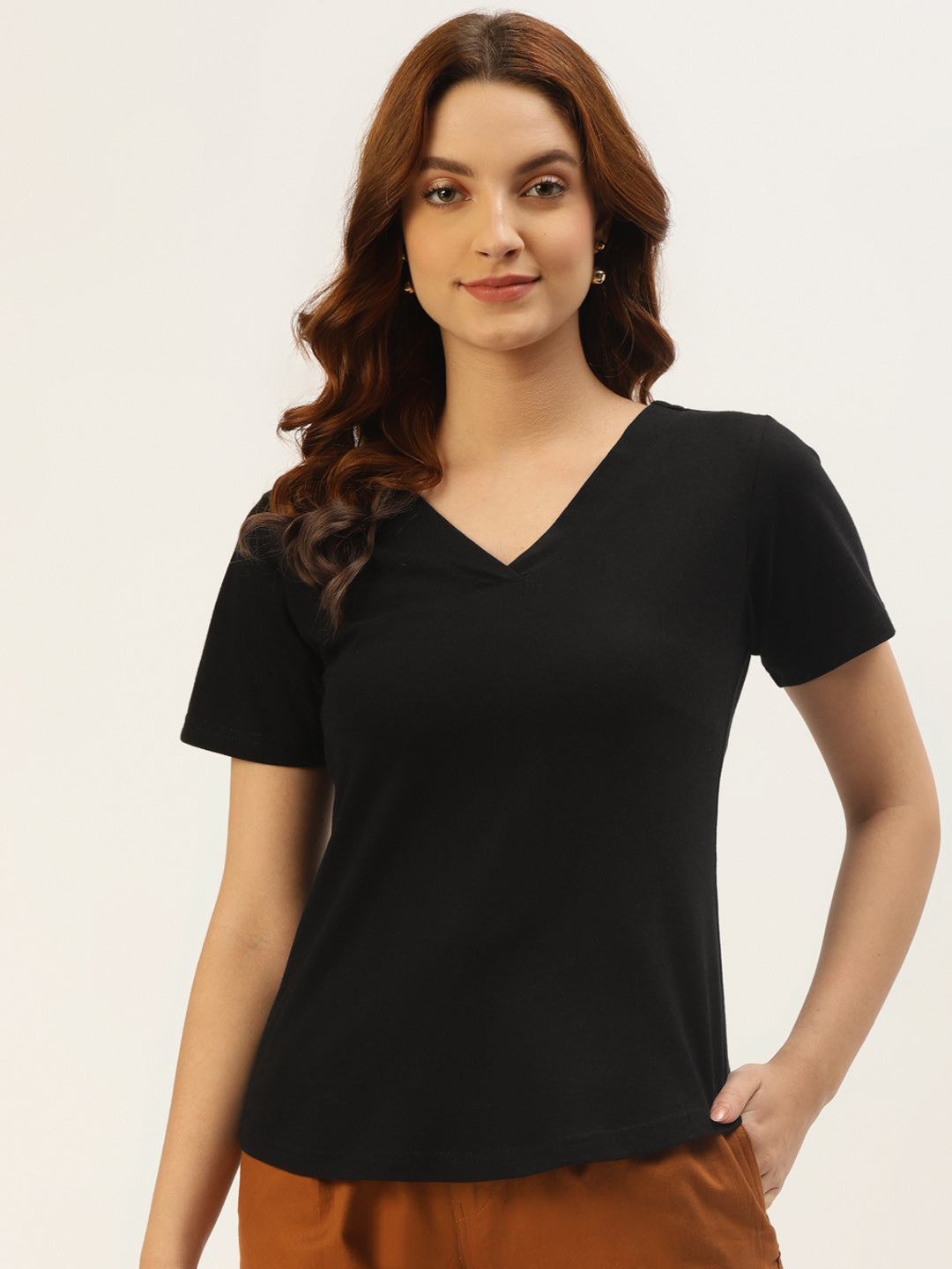 BRINNS Women Solid V-Neck Pure Cotton T-shirt
