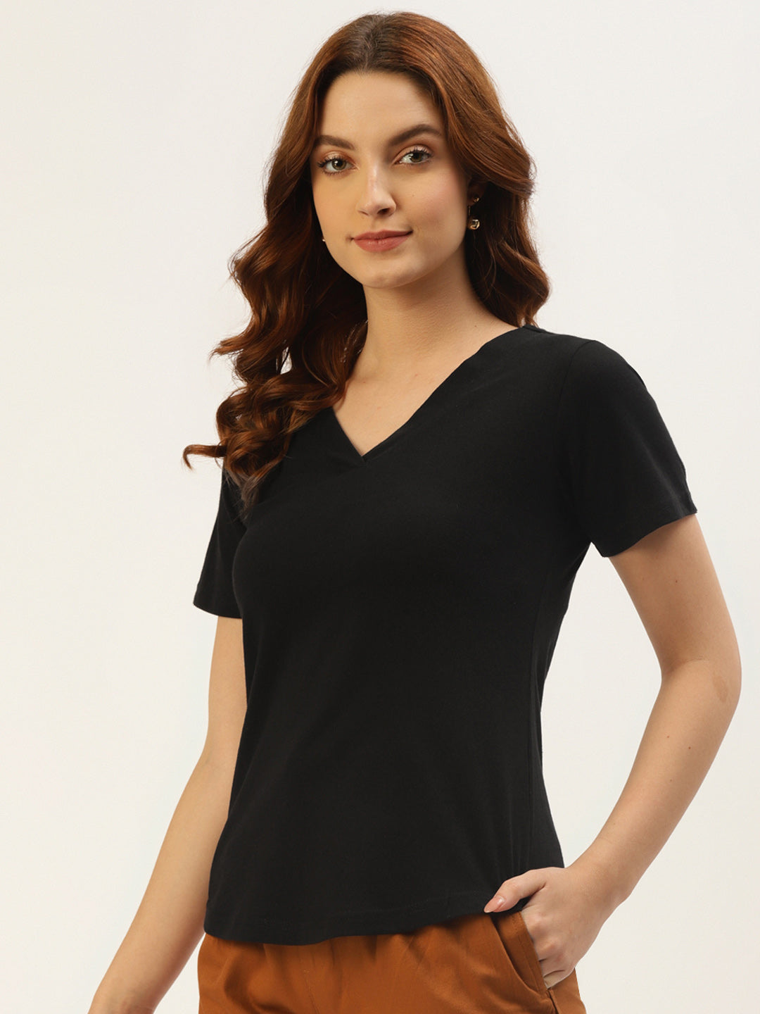 BRINNS Women Solid V-Neck Pure Cotton T-shirt