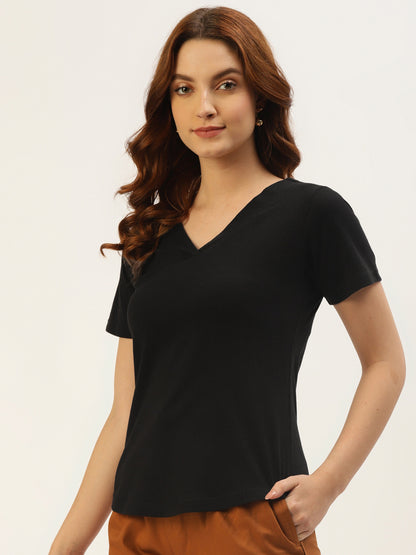 BRINNS Women Solid V-Neck Pure Cotton T-shirt