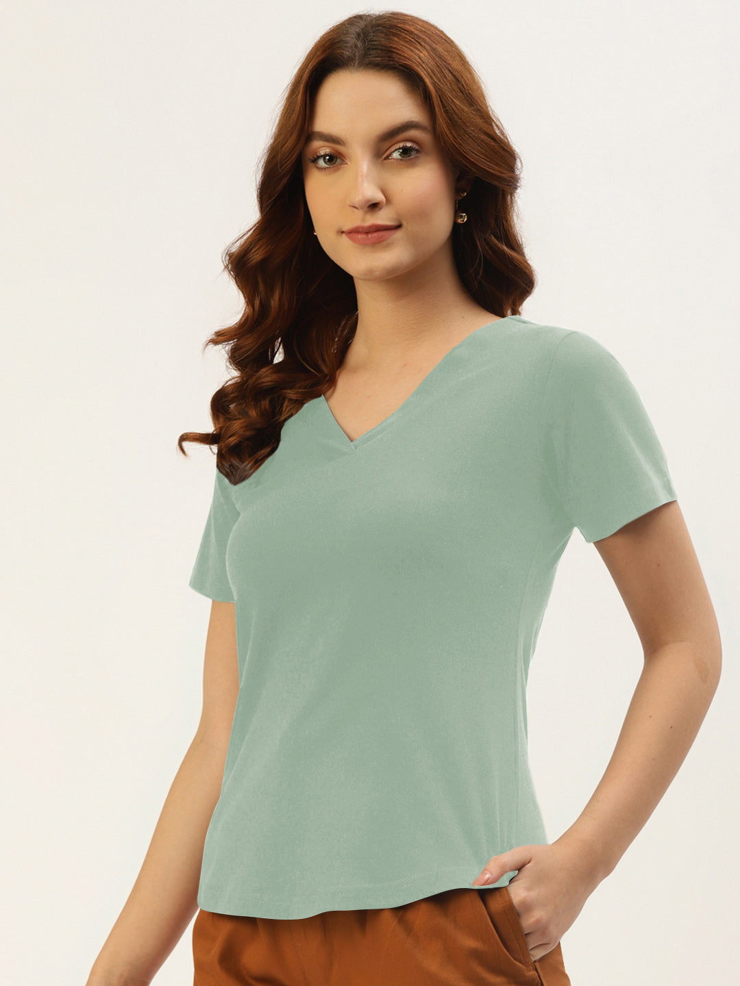 BRINNS Women Solid V-Neck Pure Cotton T-shirt