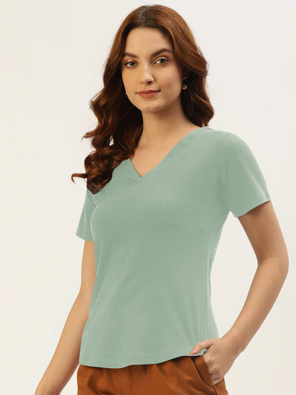 BRINNS Women Solid V-Neck Pure Cotton T-shirt