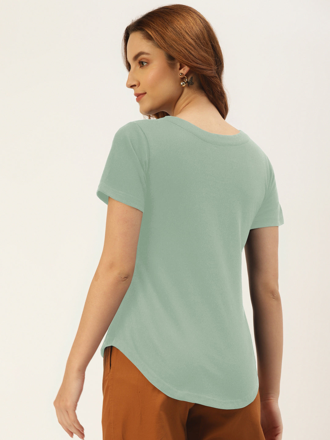BRINNS Women Solid V-Neck Pure Cotton T-shirt