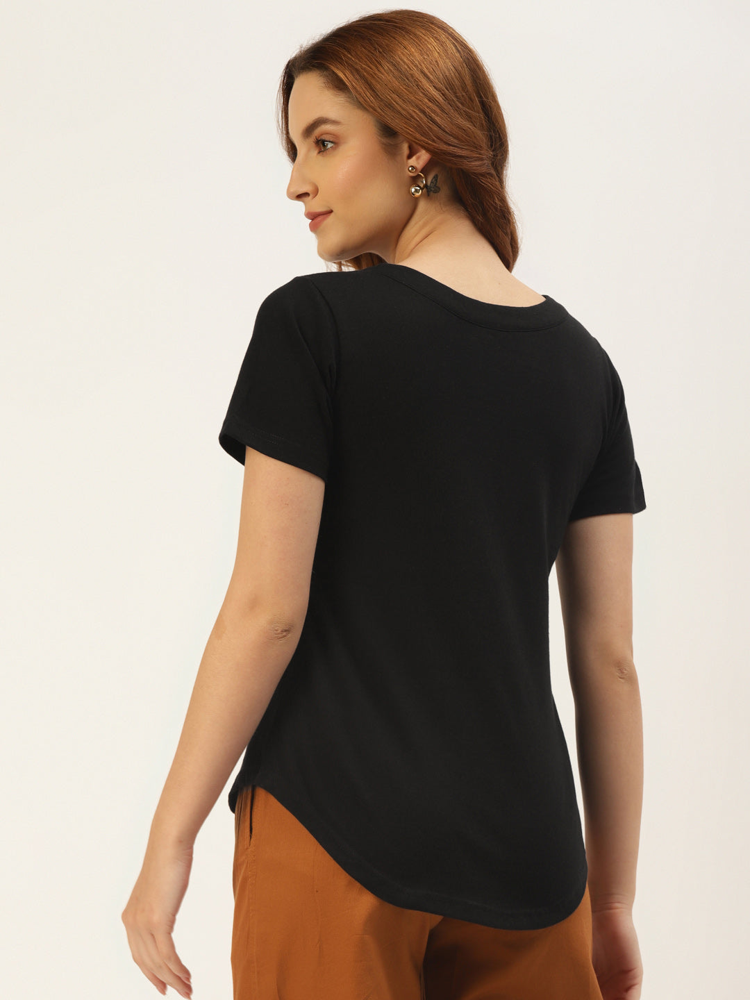 BRINNS Women Solid V-Neck Pure Cotton T-shirt