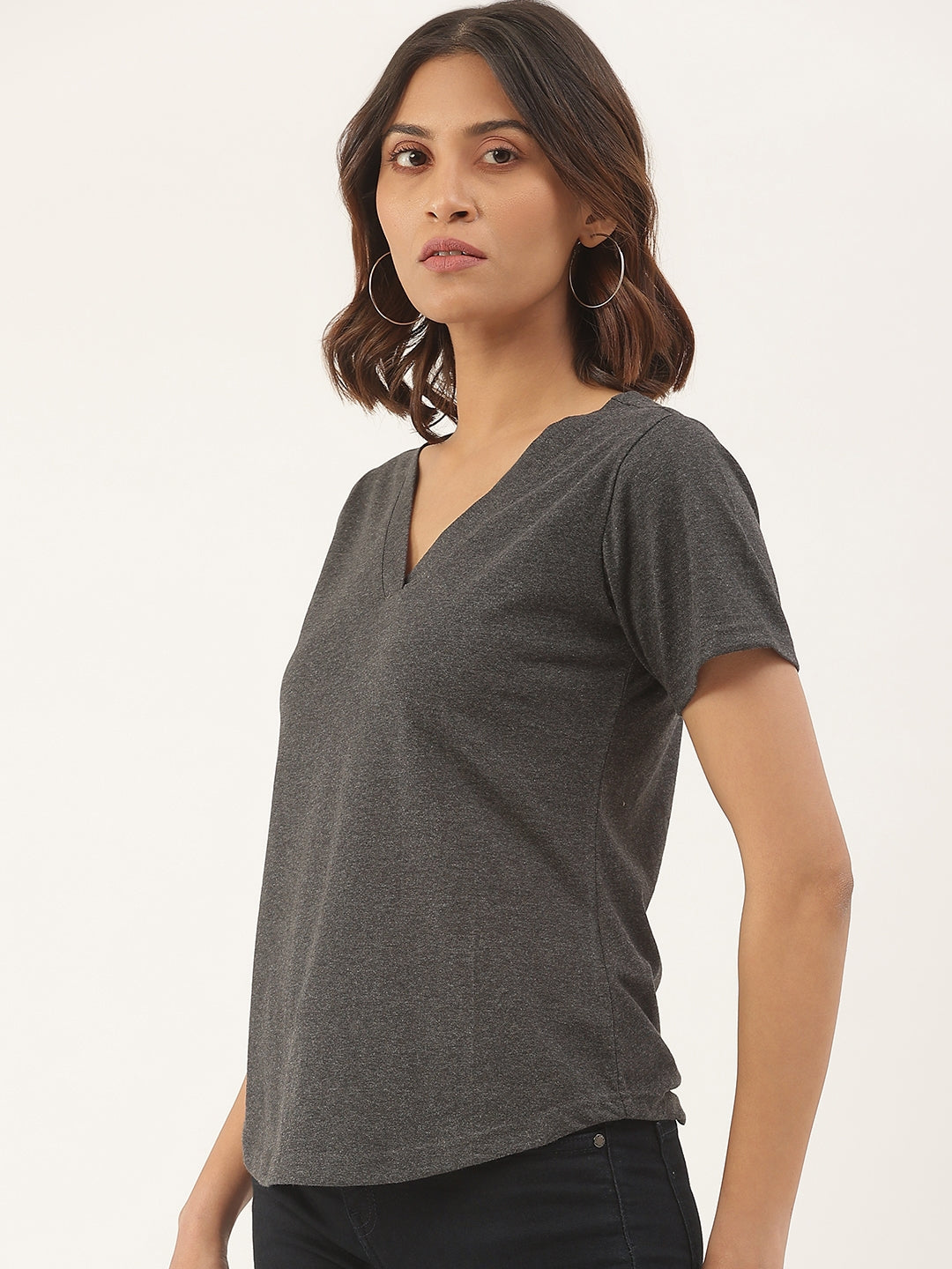 BRINNS Women Solid V-Neck Pure Cotton T-shirt