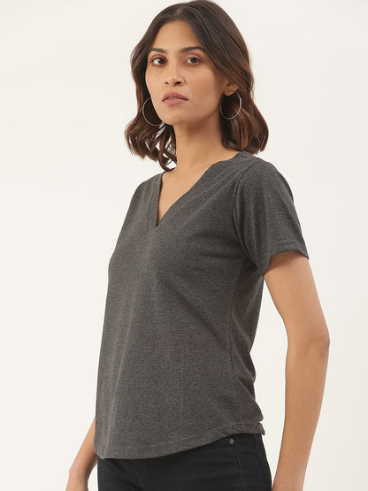BRINNS Women Solid V-Neck Pure Cotton T-shirt