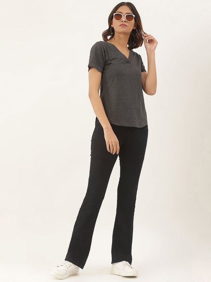BRINNS Women Solid V-Neck Pure Cotton T-shirt