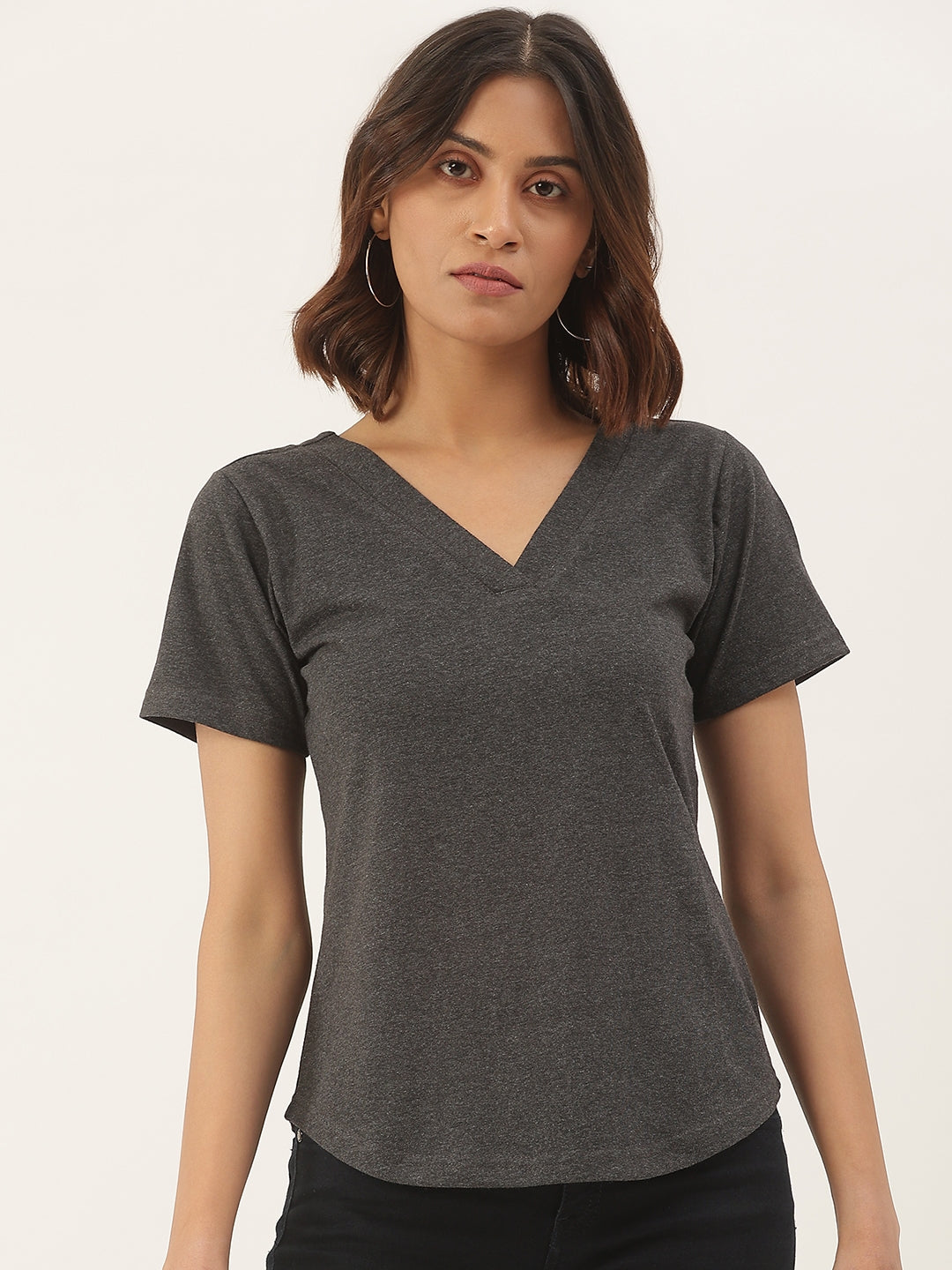 Women Solid V-Neck Pure Cotton T-shirt