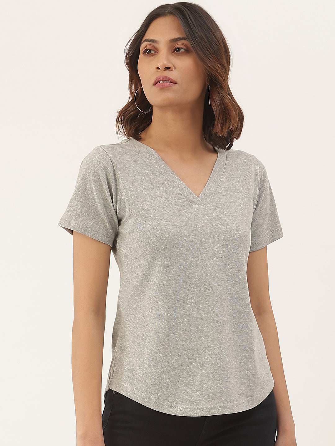 Women Solid V-Neck Pure Cotton T-shirt