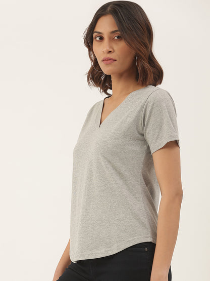 BRINNS Women Solid V-Neck Pure Cotton T-shirt
