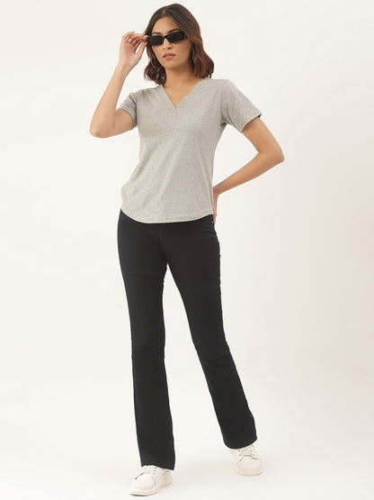 BRINNS Women Solid V-Neck Pure Cotton T-shirt