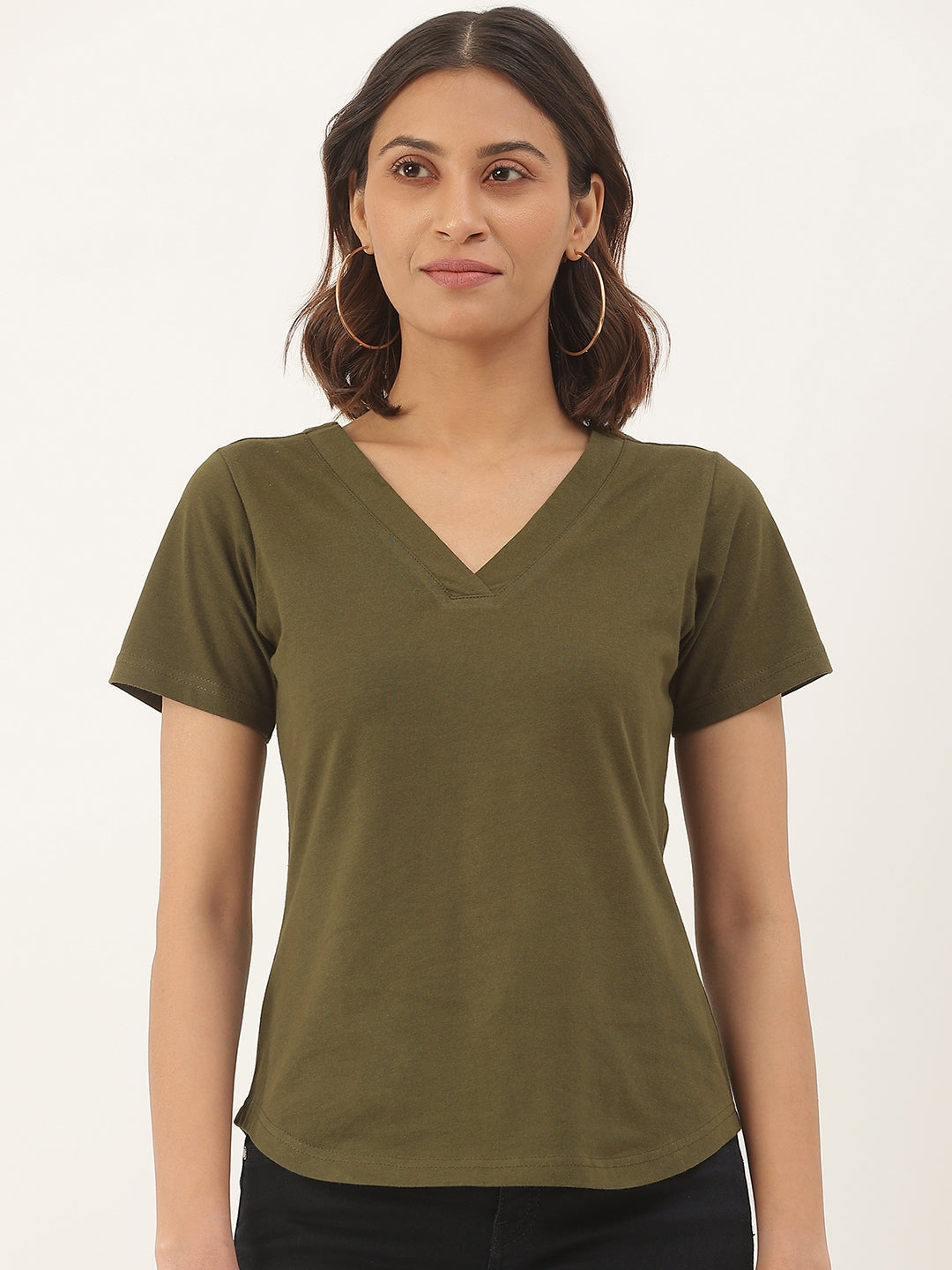 BRINNS Women Solid V-Neck Pure Cotton T-shirt