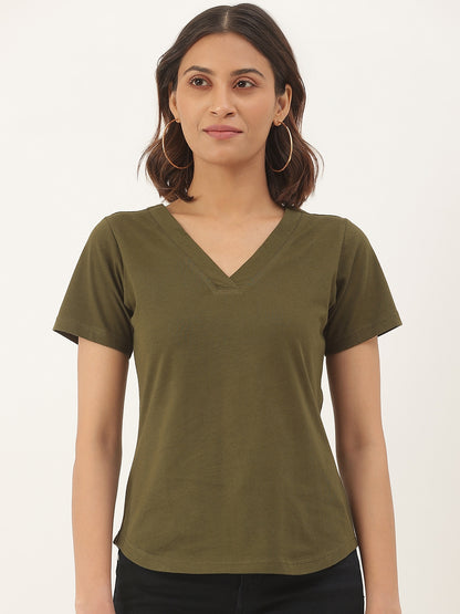 BRINNS Women Solid V-Neck Pure Cotton T-shirt