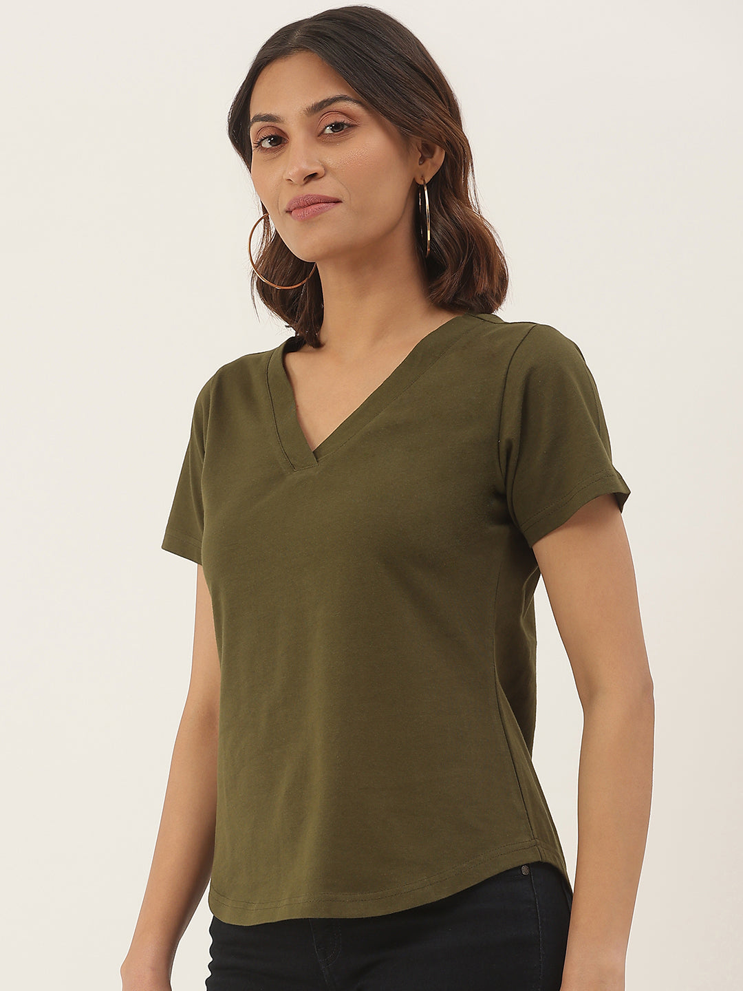 Women Solid V-Neck Pure Cotton T-shirt