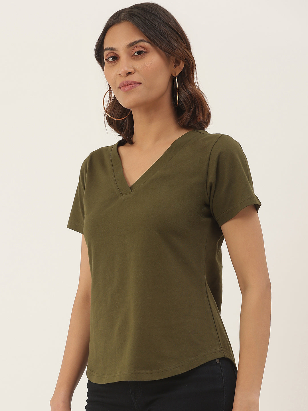 BRINNS Women Solid V-Neck Pure Cotton T-shirt