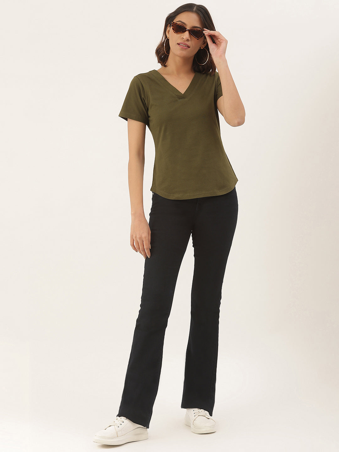 BRINNS Women Solid V-Neck Pure Cotton T-shirt