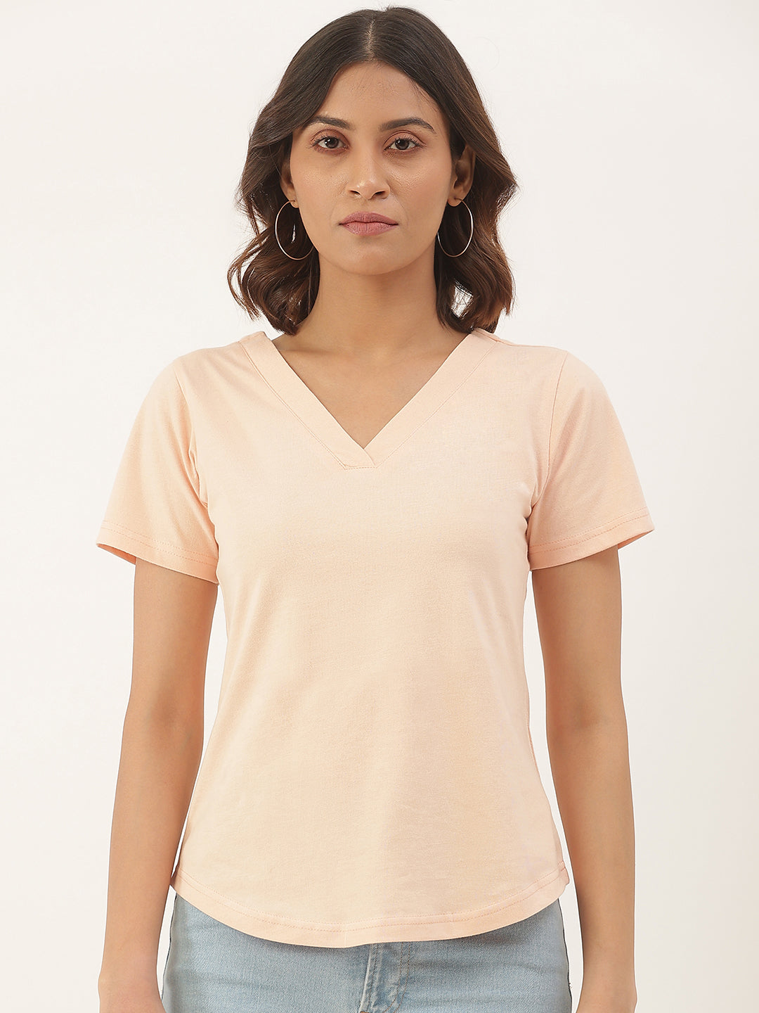 Women Solid V-Neck Pure Cotton T-shirt