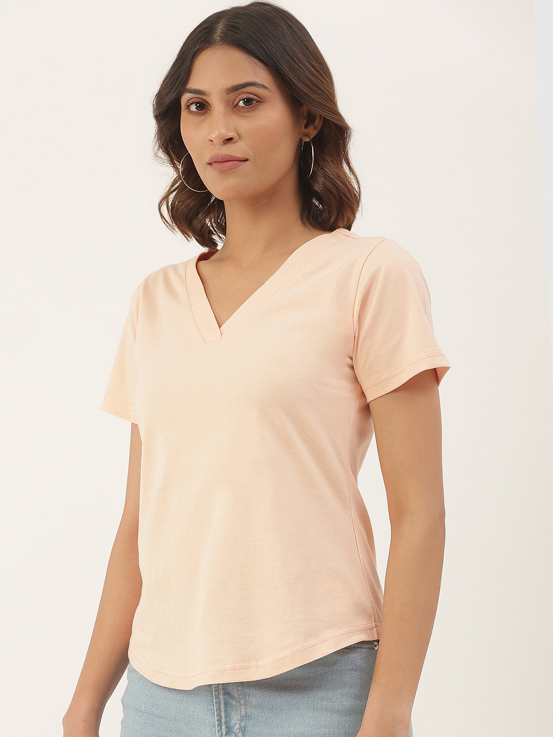 BRINNS Women Solid V-Neck Pure Cotton T-shirt