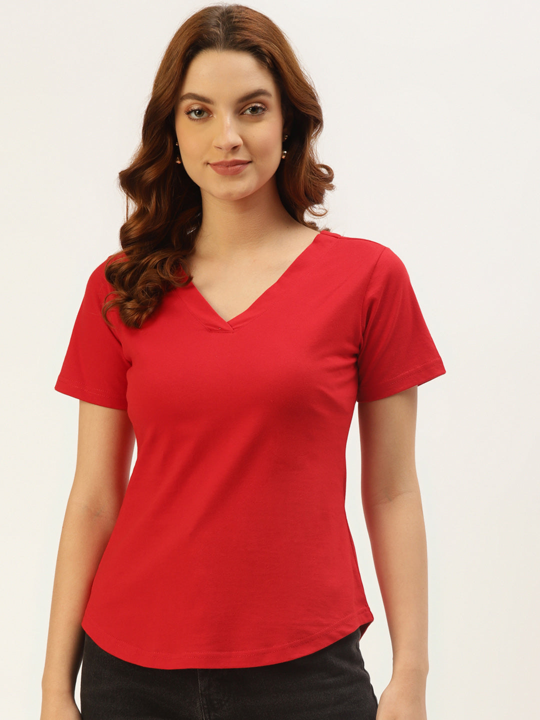 Women Solid V-Neck Pure Cotton T-shirt