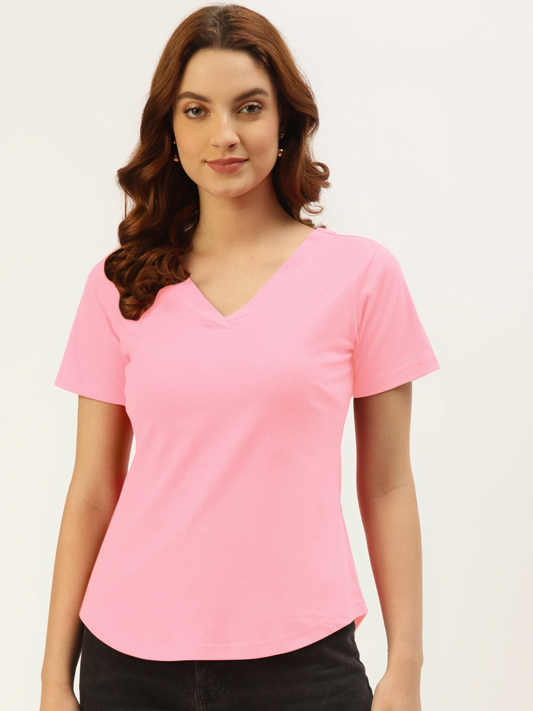 BRINNS Women Solid V-Neck Pure Cotton T-shirt