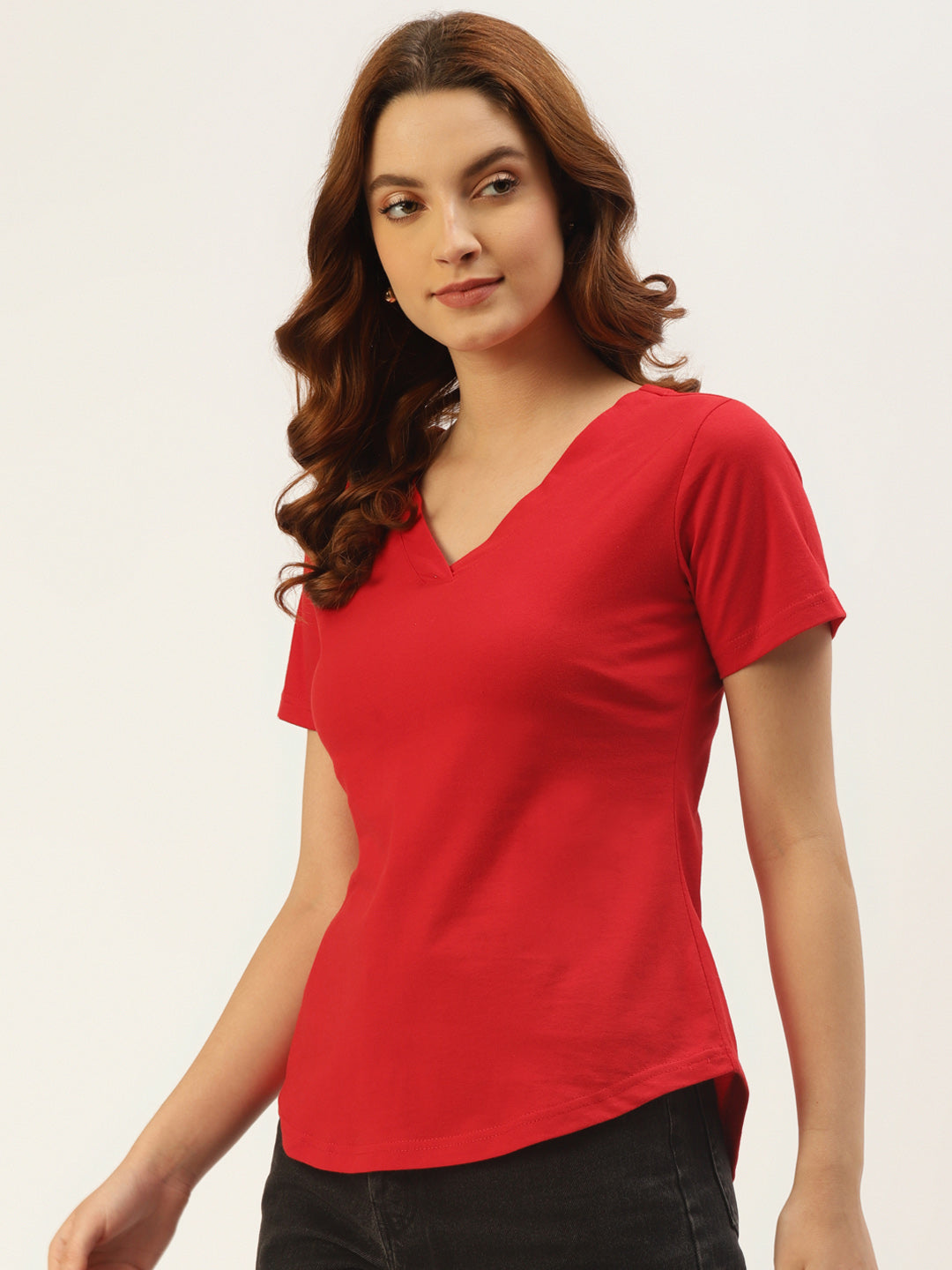 Women Solid V-Neck Pure Cotton T-shirt