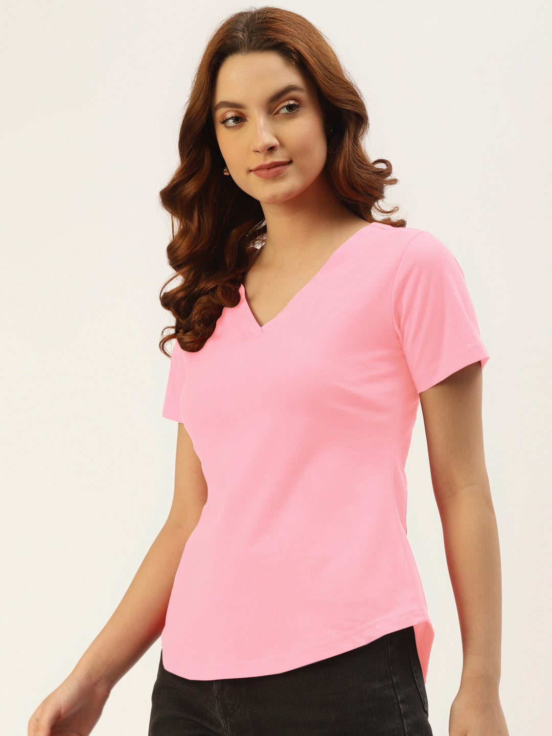 BRINNS Women Solid V-Neck Pure Cotton T-shirt