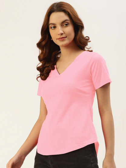 BRINNS Women Solid V-Neck Pure Cotton T-shirt