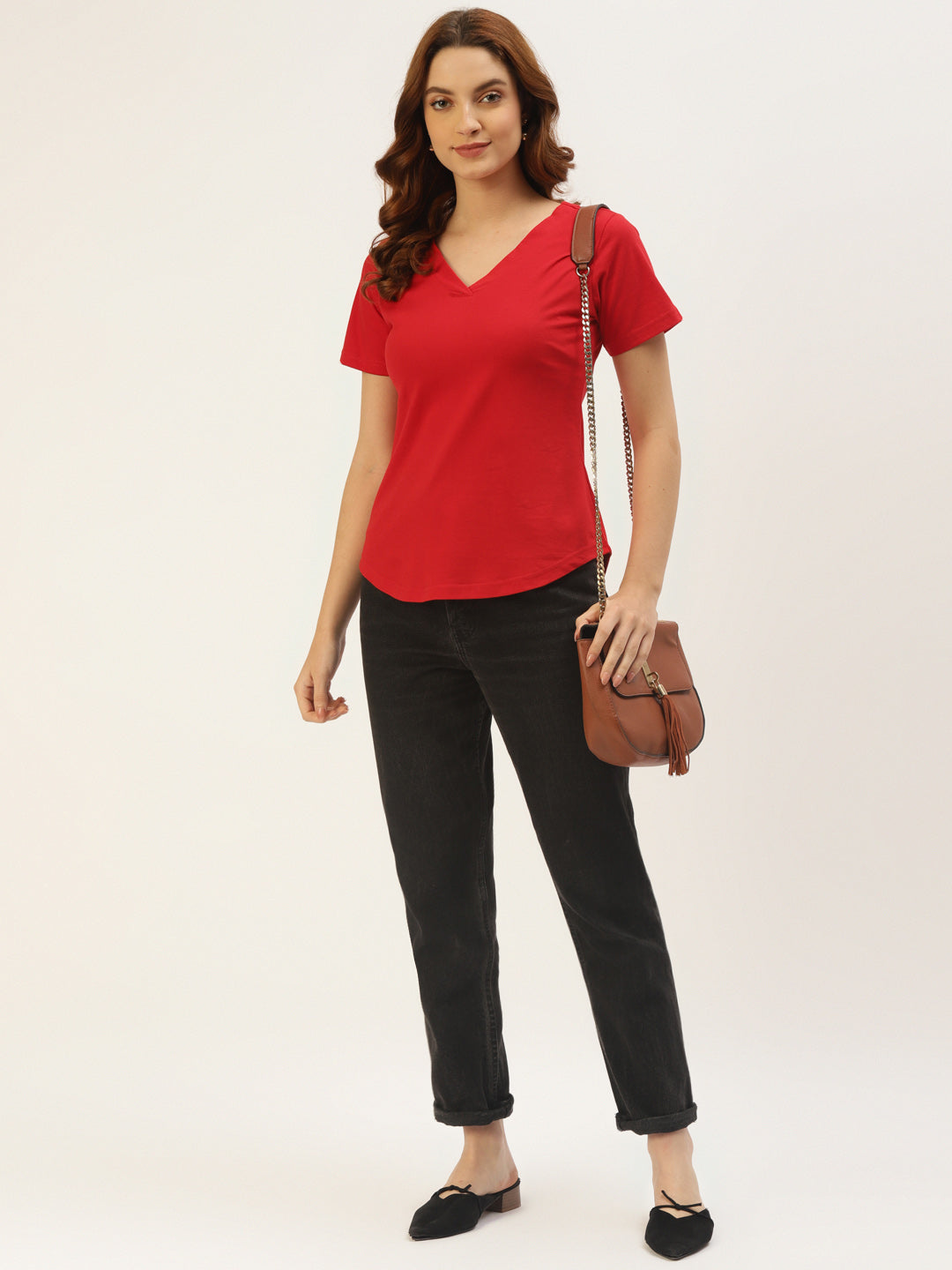 BRINNS Women Solid V-Neck Pure Cotton T-shirt