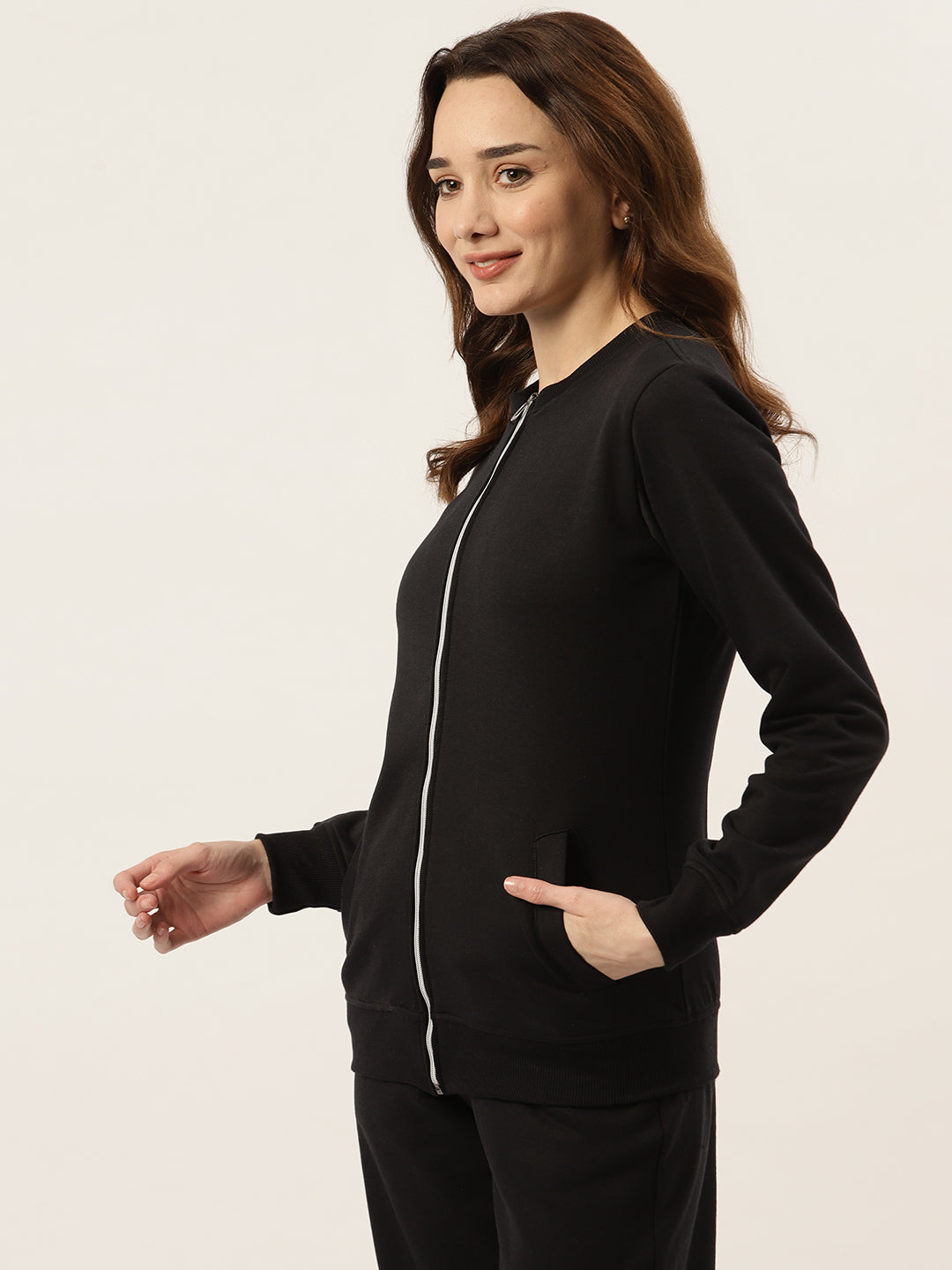 Women Collarless Solid Fleece Casual Bomber Jacket